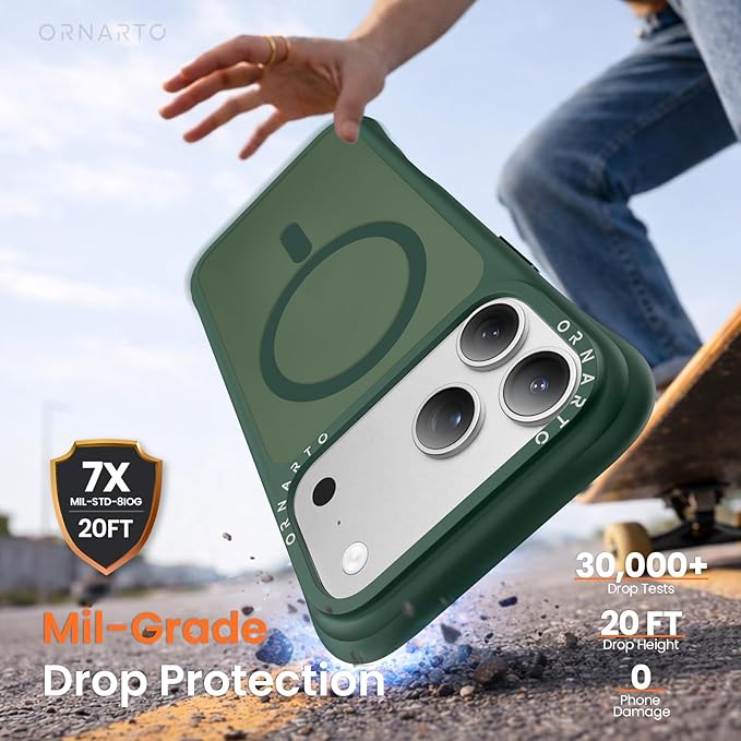 ORNARTO Magnetic for iPhone 17 Pro Max Case, 20FT Military-Grade Drop Protection, Compatible with MagSafe, Slim Shockproof Translucent Matte Phone Case for iPhone 17 Pro Max 6.9", Olive Green