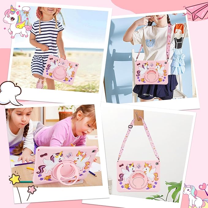HianDier for iPad 9th Generation Case/iPad 8th Generation Case/iPad 7th Generation Case Cute Unicorn Silicone Tablet Cover with Detachable Strap and Rotatable Stand Shockproof Cover-Pink
