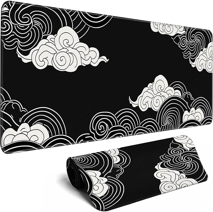 Black and White Anime Clouds XL Mouse Pad - Desk Gaming Mat with Stitched Edges, Non-Slip, 31.5x11.8 in