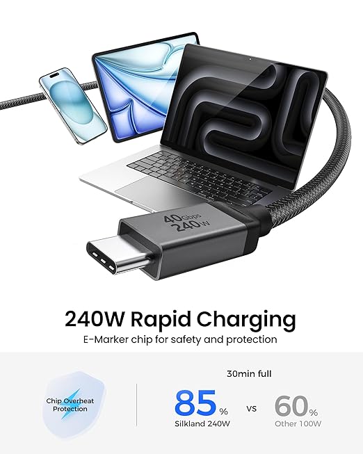 Silkland USB 4 for Long Thunderbolt 4 Cable 10FT, 40Gbps/8K Display/240W Charging, Braided USB C Thunderbolt 3 Cable 3M, USB C Video Cable Compatible for MacBook, iPhone 17/16, SSD, Monitor