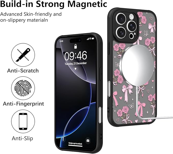 KANGHAR Case Compatible with iPhone 16 Pro Bows Bouquet Pattern [Compatible with Magsafe] Cute Flowers Florals Protective Magnetic Case for Girls Women Men