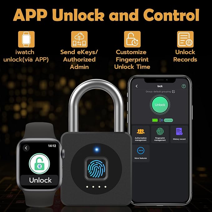 Pothunder Fingerprint Lock With APP, Steel Cable Keyless Biometric Padlock, Smart Waterproof for Gym, Locker, Helmet, Gate, Fence, Luggage