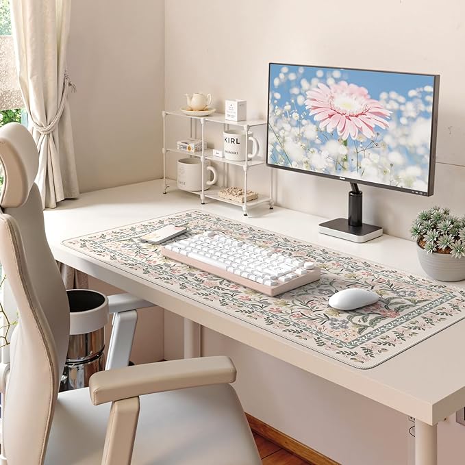 HAOCOO Vintage Floral Desk Mat, Boho Botanical Mouse Pad with Non-Slip Base, XXL Large Keyboard Mat for Office & Home (Grey)
