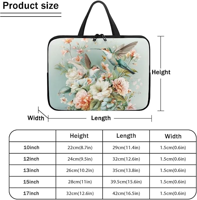 Hummingbird 17 Inch Laptop Sleeve for Women Protective Case Cover Compatible with 10-17 inch Chromebook, Notebook, Briefcase, Spring Floral Waterproof Computer Cases Bag with Handle