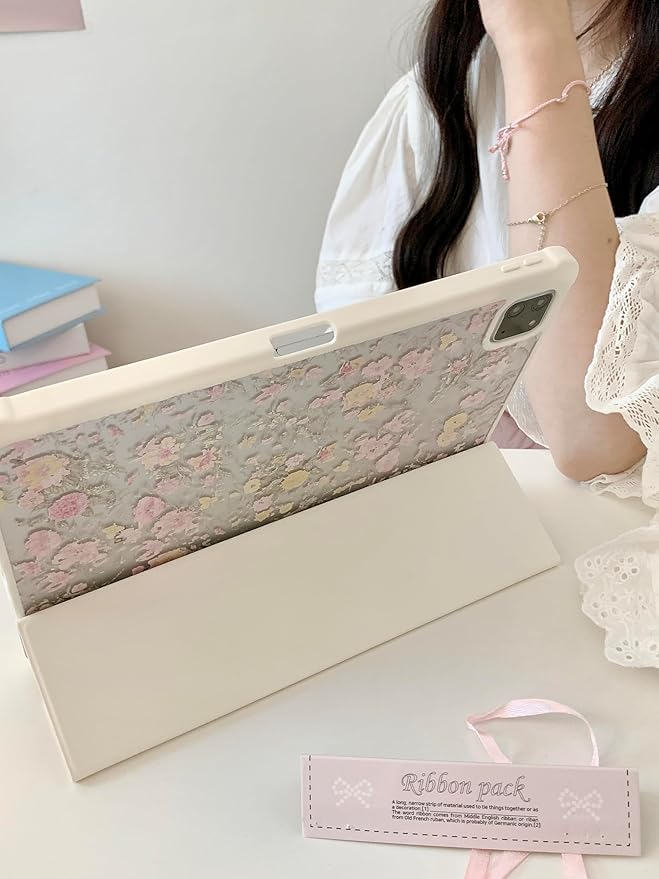 Adjustable Stand Hard PU Clear Back Folio Case for Apple Flowers Floral Pattern Refreshing Classic Vintage Pretty Chic Cute Lovely Girls Women (for iPad mini 7th Generation 2024 8.3 Inch)