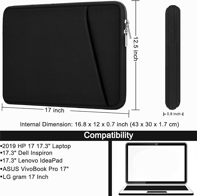 Laptop Case 17 Inch, Durable Briefcase Cover Shockproof Protective Sleeve, Handbags Portable Laptop Bag for 17 inch HP Dell Asus Lenovo Notebook Computer Case with Front Pocket, Black