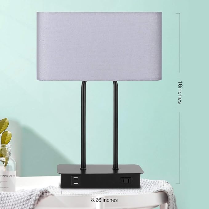 Lakumu Bedside Touch Control Table Lamps with Dual USB Charging Ports 1 AC Outlet, 3 Way Dimmable Modern Nightstand Lamp with Grey Fabric Shade, Desk Lamp for Bedroom Living Room with 5000K LED Bulb
