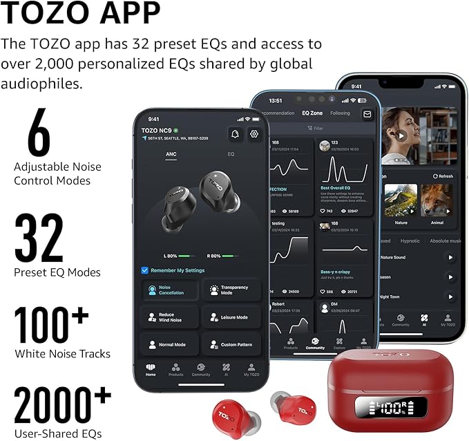TOZO NC9 Hybrid Active Noise Cancelling Wireless Earbuds, 6 Mics ENC Clear Call, IPX8 Waterproof, in Ear Bluetooth 5.3 Headphones Stereo Bass Ear Buds 60H Playtime with LED Display 32 EQs via APP