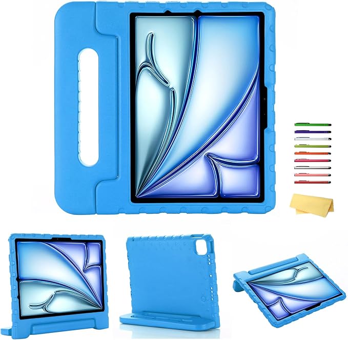 for iPad Air 11-inch Case M3/M2 (2025/2024) for Kids with Pencil Holder/Kickstand, Anti-Slip Handle Stand Lightweight Soft EVA Foam Shockproof Rugged Bumper Tablet Protective Cover, Blue