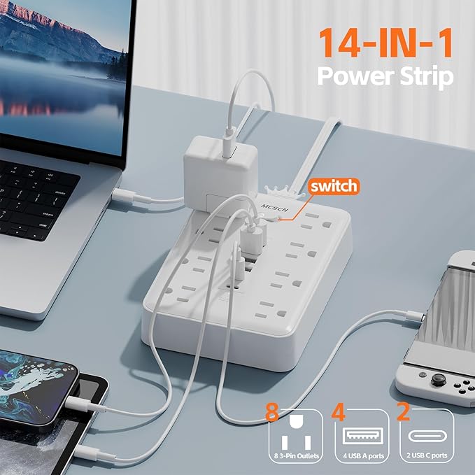 Extension Cord Flat Wall Plug with Surge Protector & 8 Outlets 6 USB Ports – 15A 1875W Power Strip for Home Office Dorm Room – 10ft Flat Cord in White – MCSCN
