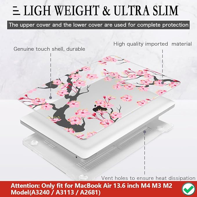 CISSOOK Compatible with MacBook Air 13.6 Inch Case A2681 A3113 A3240 A3449 2022-2026 Release, Hard Shell Case with Keyboard Cover for MacBook Air 13.6 M2 M3 M4 M5 - Cherry Blossoms