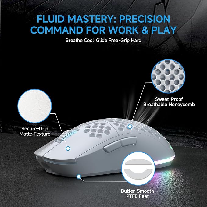 TMKB Falcon M1 Wireless Gaming Mouse, 24000DPI Optical Sensor, 180Hrs Battery, Lightweight, 6 Programmable Buttons, RGB Strip, 2.4G/BT5.2/USB-C Wired for PC/Mac/Laptop - Matte White