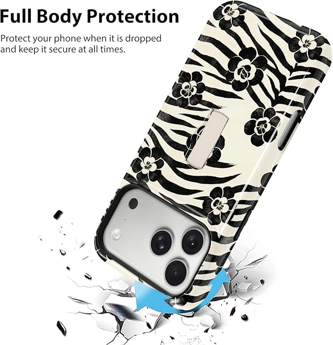 KANGHAR Compatible with iPhone 17 Pro Case, Support for MagSafe, Silicone Floral Cool Pattern, Finger Hold Wristband Kickstand Camera Protection Soft Slim Phone Case for Girls Women -Black