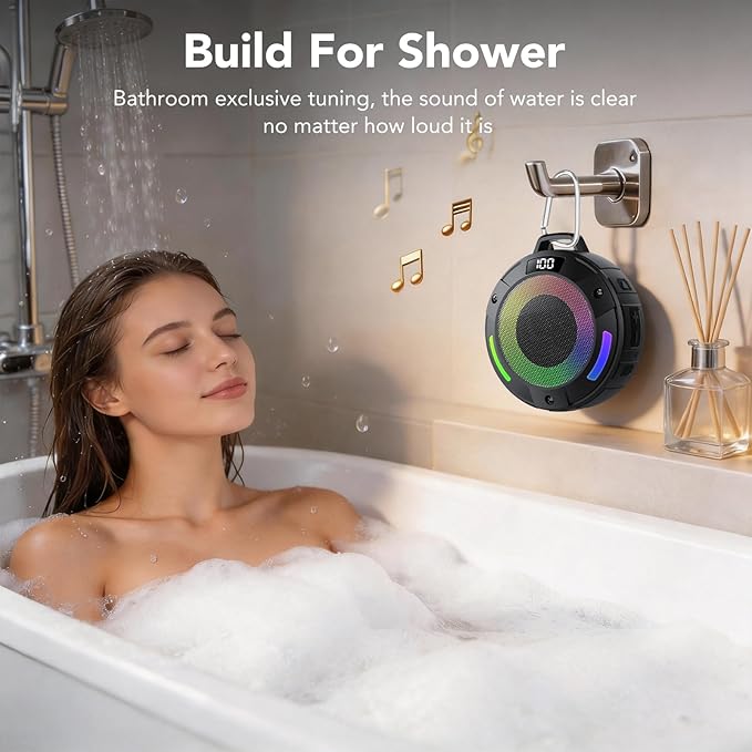 Bluetooth Speaker, 2026 Portable Wireless Shower Speaker, Digital Display Portable Speaker with Detachable hook ,IPX7 Waterproof with LED Light, HD Sound & Bass for Bathroom, Pool, Beach & Outdoor