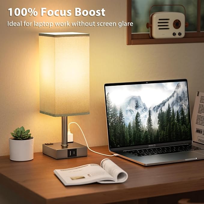 aooshine Dark Grey Touch Lamps Set of 2 - Nightstand Lamp with USB-C + A Charge Ports & AC Outlets, 3-Way Dimmable Bedside Lamp, Small Table Lamp Light for Bedroom (Bulb Included)