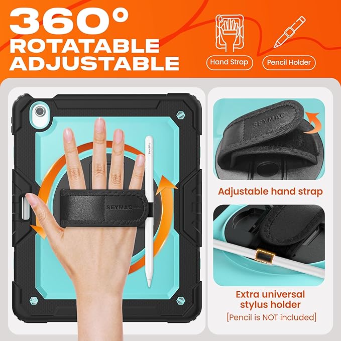 SEYMAC stock Case for iPad Air 13-inch M4-M2 2026-2024 (Gen 8-6), Shockproof Heavy Duty Case with Screen Protector, Pencil Holder, Rotating Stand, Hand Strap, Shoulder Strap, SkyBlue