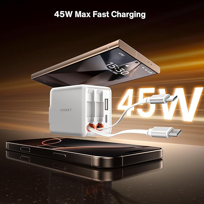 iVANKY Smallest 4-in-1 Retractable GaN Wall Charger for iPhone 17 Air, 45W USB C Charger Block with Dual USB C Cables, Fast Charging Samsung, 4-Port Adapter for 16/15/14 Pro Max, MacBook Neo