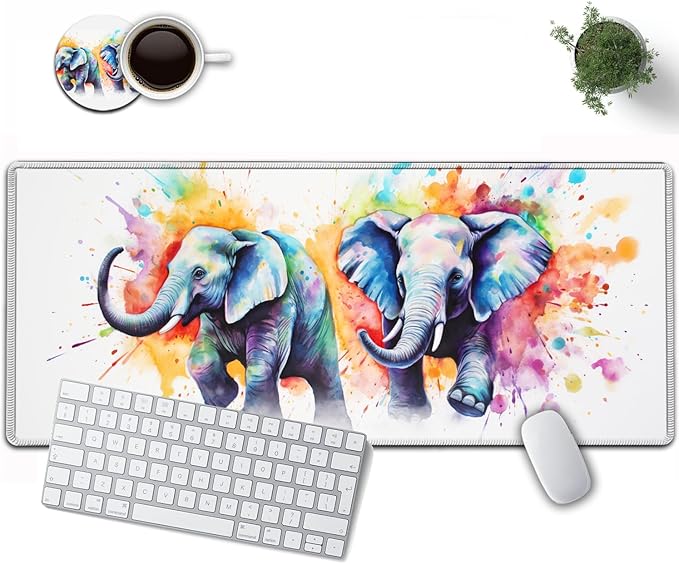 Large Mouse Pad, 31.5 x 11.8in Extended Gaming Mouse Pad with Stitched Edges, XXL Mousepad Protector Non Slip Rubber Base for Office and Home Writing Mat, Painted Cute Elephant Pattern White Desk Mat