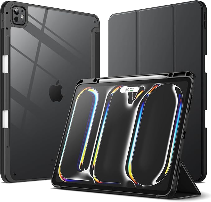 JETech Case for iPad Pro 13-Inch M5/M4 (2025/2024) with Pencil Holder, Clear Transparent Back Shell Slim Stand Shockproof Tablet Cover, Auto Wake/Sleep (Black)