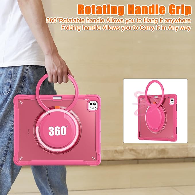 Batianda for iPad Pro 13 inch Case 2025 M5 2024 M4 Chip Lightweight Dual-Layer Protective Tablet Cover, Durable Shock-Absorbing Corners with 360° Rotating Kickstand Ring Built-in Pen Slot, Pink