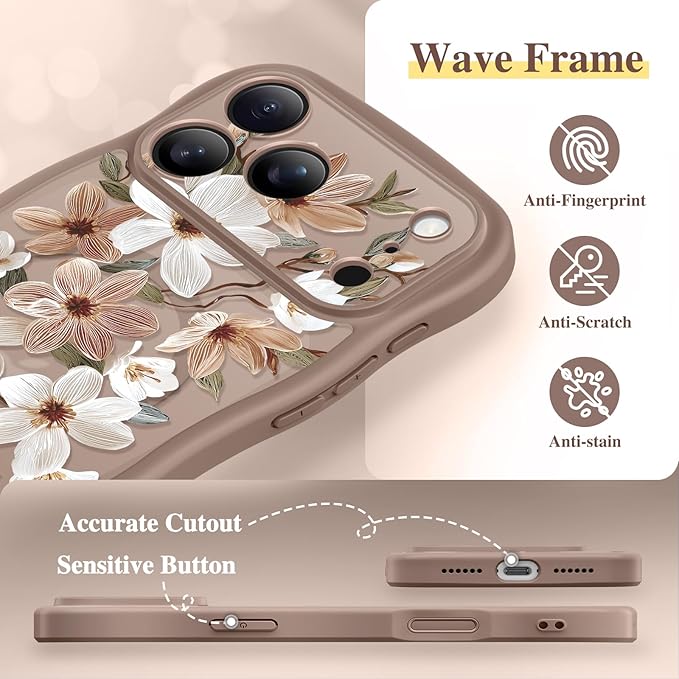 GVIEWIN for iPhone 17 Pro Max Case Compatible with MagSafe [Curly Wave Edge][Full Camera Protection] Floral Translucent Shockproof Magnetic Women Phone Case for 17 Pro Max, Dogwood/Brown