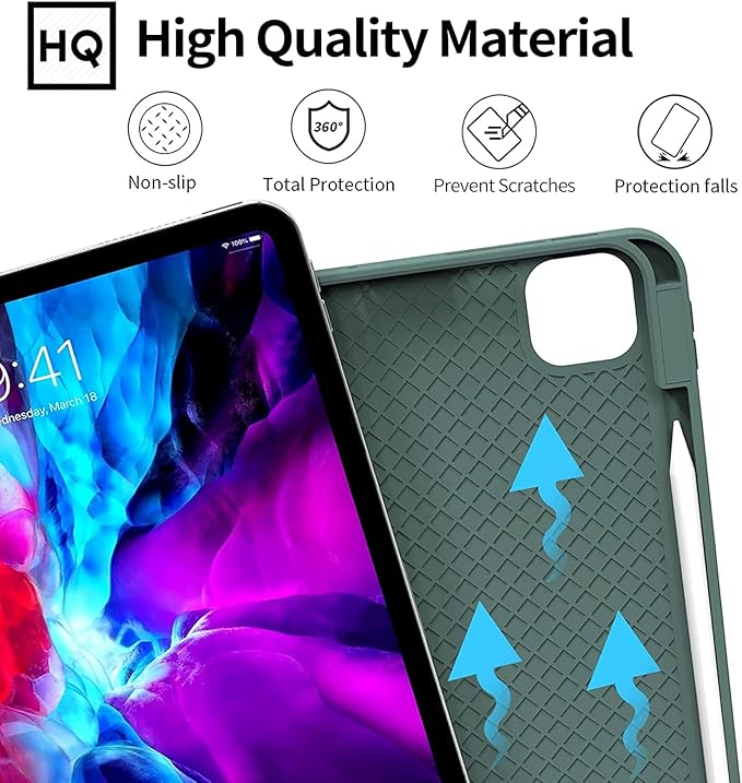 KENKE for iPad Pro 11 Inch Case 4th/3rd/2nd/1st Generation 2022/2021/2020/2018 Magnetic Attachment 2nd Pencil with Right Side Pencil Holder Soft Slim PU Cover Auto Wake/Sleep (Dark Green)