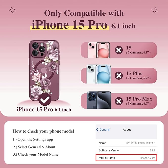 GVIEWIN for iPhone 15 Pro Case Compatible with MagSafe, [Military Grade Protection] [Screen Protector] Full Camera Protection Floral Translucent Women Magnetic Phone Case, Cherry Blossoms/Burgundy