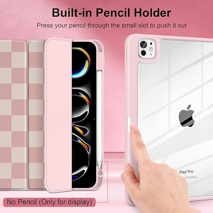 Case for iPad Pro 13 inch (M5) 2025 (M4) 2024 Release with Pencil Holder - Aesthetic Cute Preppy Design Trifold Cover with Soft TPU Bumper Clear Back Auto Sleep/Wake for Girls Women, Lattice