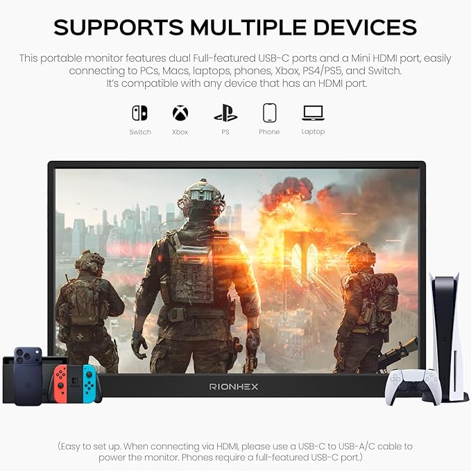 Portable Monitor, 15.6 inch 1080P USB-C HDMI Travel Monitor Built-in Stand VESA, External Screen for Laptop, PC, Mac, PS, Xbox, Swich IPS HDR Ultra-Thin