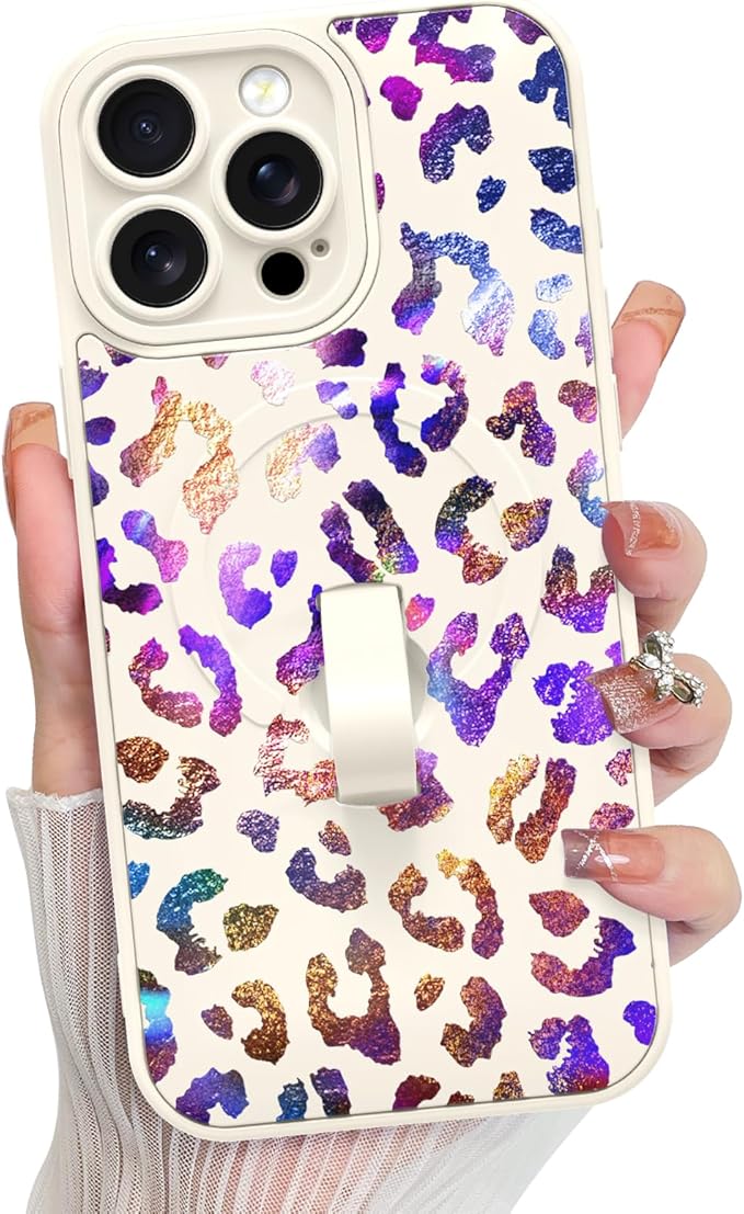 KANGHAR Compatible with iPhone 15 Pro Max Case, Support for MagSafe, Silicone Cute Iridescent Leopard Cheetah Pattern, Wristband Kickstand Shockproof Protective Slim Cover for Women Girls, White
