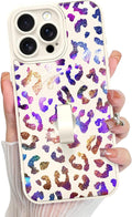 KANGHAR Compatible with iPhone 15 Pro Max Case, Support for MagSafe, Silicone Cute Iridescent Leopard Cheetah Pattern, Wristband Kickstand Shockproof Protective Slim Cover for Women Girls, White