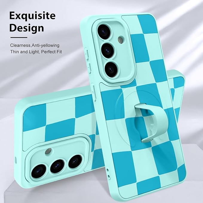 KANGHAR Compatible with Samsung Galaxy S26 Case, Support for MagSafe, Silicone Checkered Cute Pattern, Wristband Kickstand Camera Protection Soft Slim Cover for Girls Women -Blue