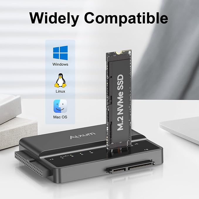 Alxum NVME M.2 SATA IDE SSD Enclosure External 3 in 1 Tool-Free PCIE-10Gbps USB 3.2 Type C Hard Drive Reader for 2230/2242/2260/2280,2.5" /3.5" SATA SSD and 3.5" IDE HDD