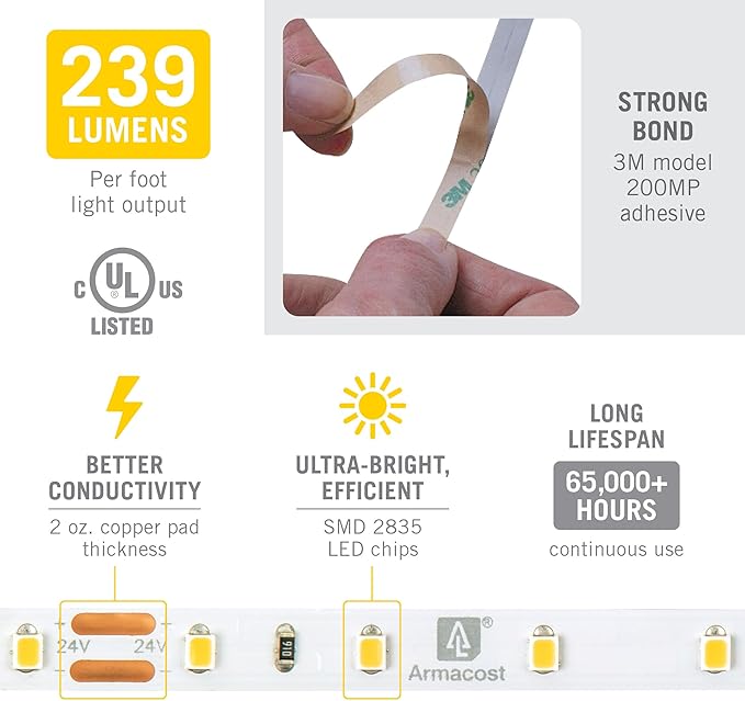 Armacost Lighting RibbonFlex Pro 24V White LED Strip Lights 60 LED/m, 2700K, 32.8 ft 135250