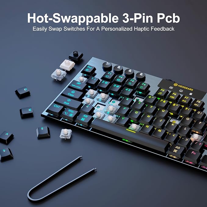 Hexgears Immersion A3 Low-Profile Wireless Mechanical Keyboard, TKL Hot-Swappable Aluminum Gaming Keyboard, BT5.0/2.4GHz/USB-C Tactile Switches, RGB Backlit, TFT Screen & 5800mAh Battery for Pc/Mac