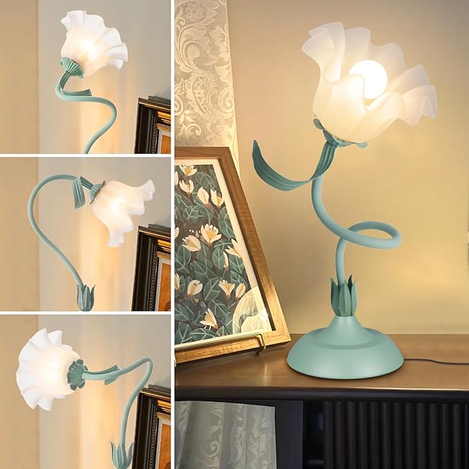 Women Bedside Table Lamps for Bedroom, Cute Flower Desk Lamp With Adjustable Flexible Gooseneck, 3 Color Temperatures Nightstand Lamp with E26 LED Bulbs, Floral Lamp for Living Room, Office ,Reading