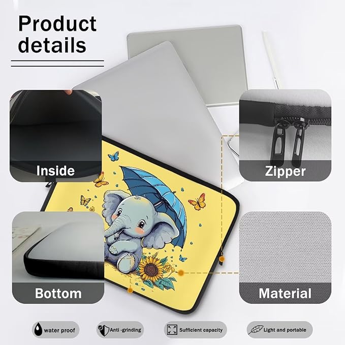 Sunflower Elephant Computer Sleeve for Women Laptop Sleeve 13inch Neoprene Laptop Covers with Padded Compartment Lap Top Case Teen Girls Cute Computer Carrying Bag