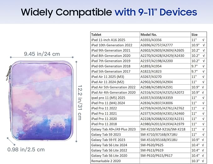 TiMOVO 9-11" Tablet Sleeve Bag for iPad 11-inch A16 2025, iPad 10.9"/10.2"| Air 11 Inch/5th/4th Gen. 10.9", Galaxy Tab A9+/A11Plus 11", Protective Bag with Pockets, Watercolor Purple