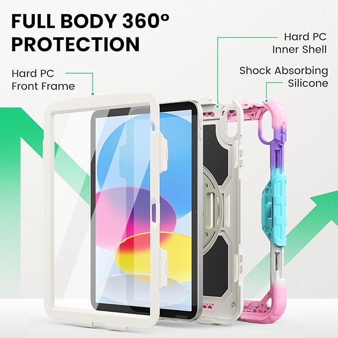 SEYMAC Case for iPad (A16) 11th/10th Generation 2025/2022 (11″/10.9″), Sturdy Heavy Duty Full-Body Shockproof Protective Case with Screen Protector, Rotating Stand, Hand/Shoulder Strap, Colorful/Pink