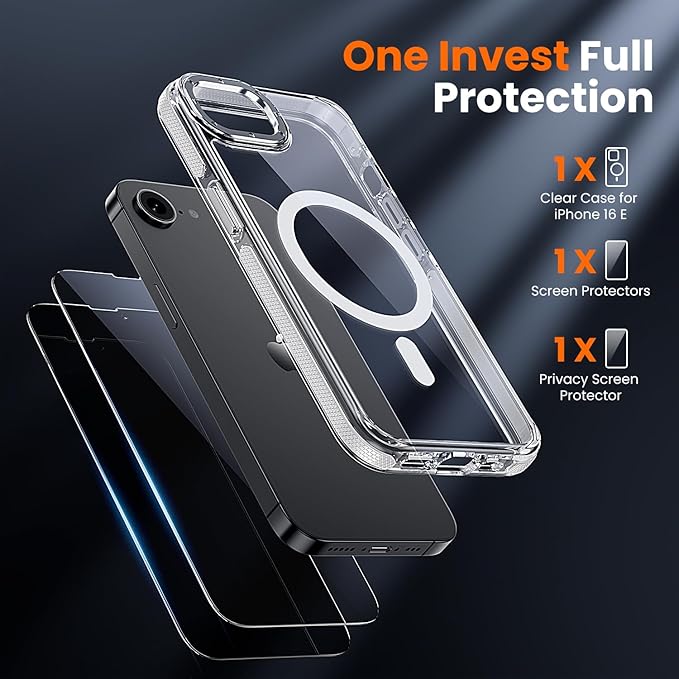 toushion 3 in 1 for iPhone 16E/17E Case Clear, Yellowing-Resistant Acrylic Back, Shockproof Guard Corners, Military-Grade Protection for iPhone 16e & 17e 6.1 inch Clear Bumper