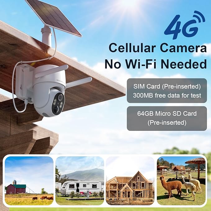 HOSAFE.COM 4G LTE Cellular Security Camera No Internet Needed, 2K Solar No WiFi Security Camera Outdoor Wireless with SIM Card Jobsite,360 Live View, Motion Detection,Free Cloud Storage(Need Apply)