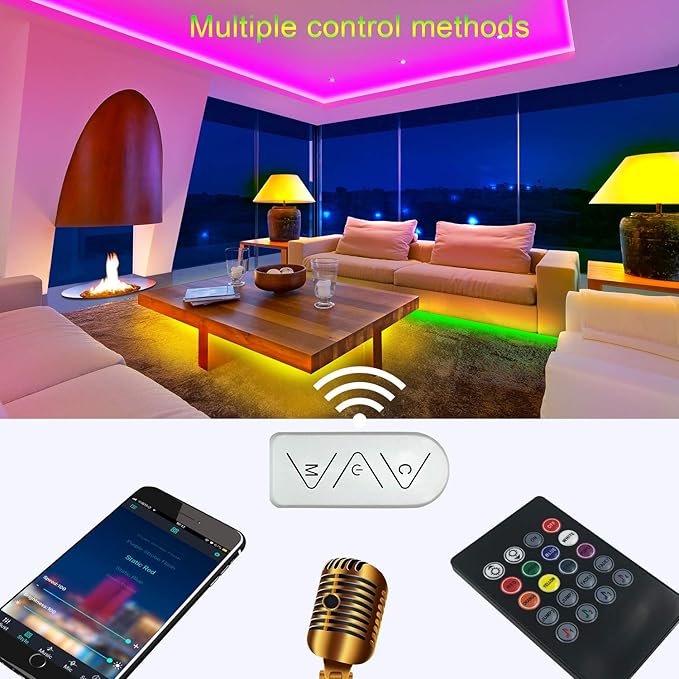 Micomlan 50ft/15M Led Strip Lights, Music Sync Color Changing RGB LED Strip Lights Built-in Mic, Bluetooth app Controlled Rope Lighting for Home Decoration Living Room Kitchen
