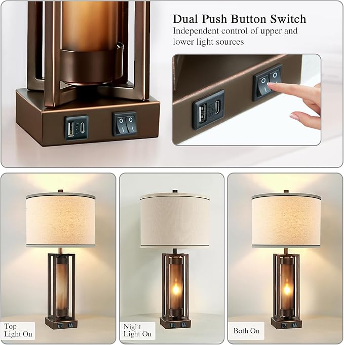 Rustic Table Lamps for Living Room Set of 2 with USB C+A Ports, Farmhouse Vintage Nightstand Lamp with Amber Night Light, Retro Desk Lamp for Bedroom, 4 Bulbs Included (Brown)