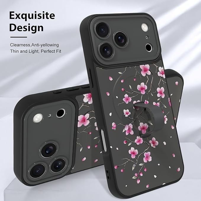 KANGHAR Compatible with iPhone 17 Pro Case, Magnetic Compatible with MagSafe, Cute Flower Floral Pattern Wristband Kickstand Full Camera Lens Shockproof Protective Case for Girls Women, Black