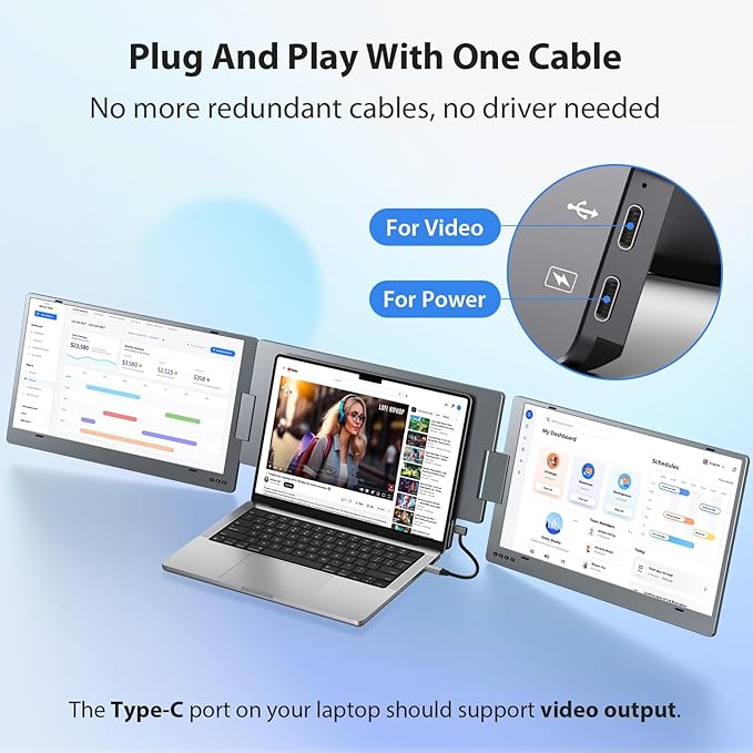 KYY Triple Laptop Screen Extender, 15.6" 1080P FHD IPS Dual Portable Extended Monitor, USB C Travel Display for 12-17'' Laptop, 210°Rotation & Kickstand, Plug and Play (Windows Only)