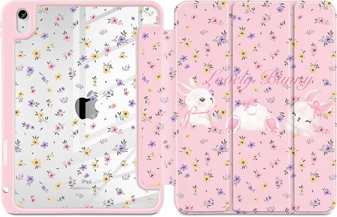 Case for iPad Air 11 inch M4 2026 M3 2025 M2 2024,iPad Air 5th (2022) / 4th (2020) 10.9 Inch Clear Back Shell Lightweight TPU Edge Trifold Stand Auto Wake Sleep Cute Cover, White Rabbit