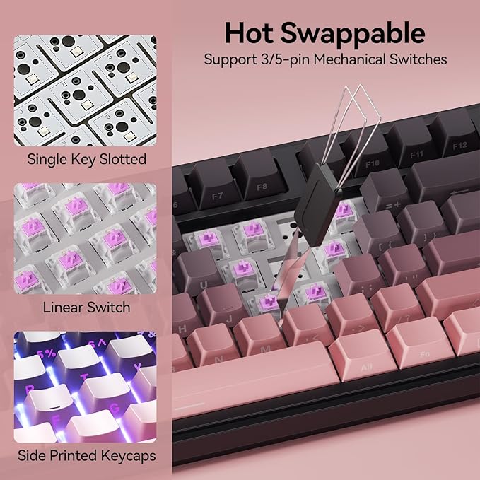 AUSDOM H87 Wireless Mechanical Gaming Keyboard: 10000mAh Battery 2.4G/BT5.3/USB-C Hot Swappable Custom Keyboard with RGB Backlit, Side Printed PBT Keycaps, 15-Layer Gasket Structure, Black Pink