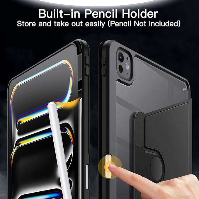 JETech Rotating Case ONLY for iPad Pro 13-Inch M5/M4 (2025/2024) with Pencil Holder, 360 Degree Rotation Protective Stand Cover Clear Back (Black)