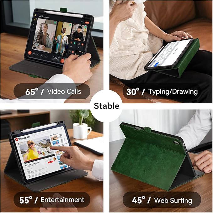 Handmade Case for iPad Air 13 Inch M4/M3/M2 (2026/2025/2024) with Pencil Holder Pocket,Magnetic Closure,Multi Angles Stand,Typing Angle,Folio Protective Cover,Auto Sleep/Wake,Green