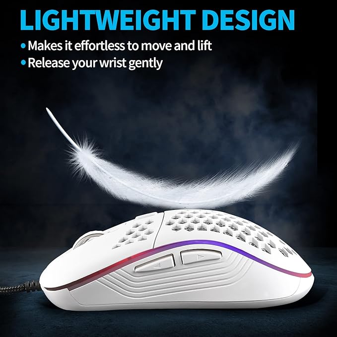 Techsea Honeycomb Wired Gaming Mouse with RGB On/Off Switch, 7200 Adjustable DPI, Ergonomic Lightweight Design & High Precision Sensor for PC/Mac Gamers (White)